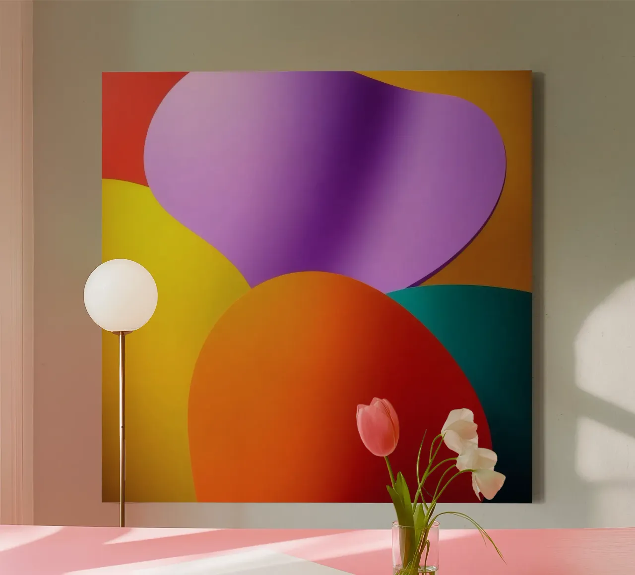 Kleurrijke abstracte vormen smelten samen in een levendige kunst canvas met Baklijst van DesignDoodle