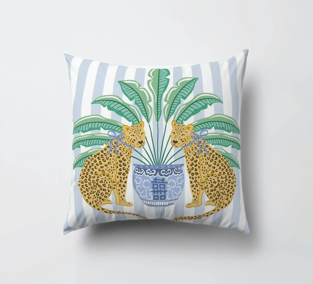 Leopards with ginger jar on a blue stripes cuscino da Vivdesign