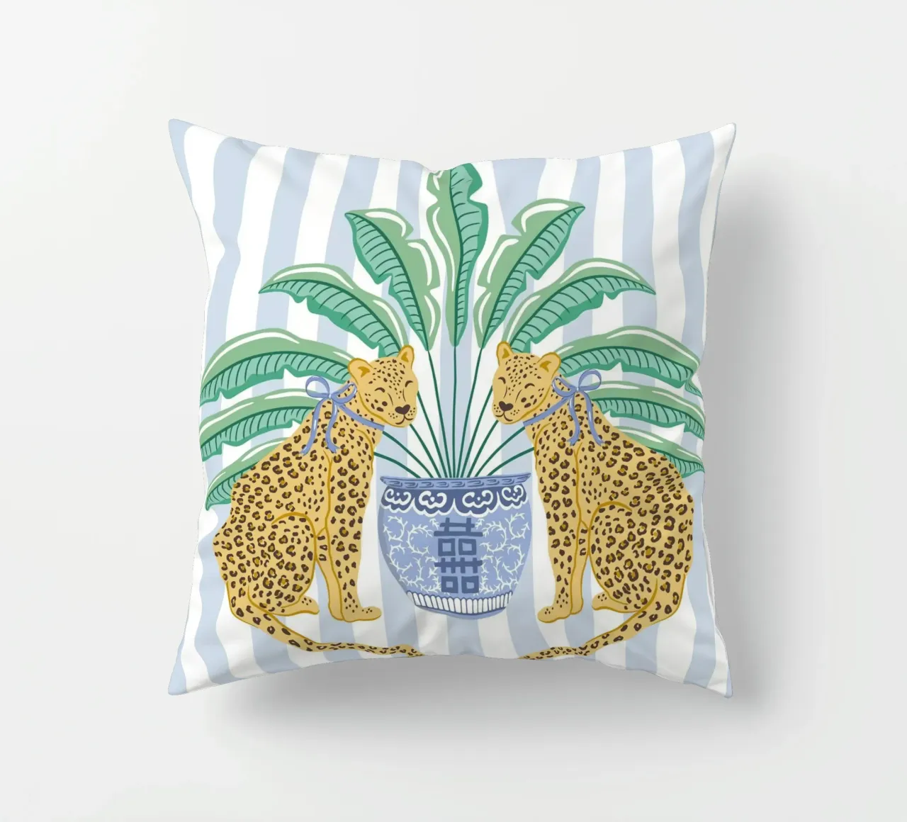 Leopards with ginger jar on a blue stripes cuscino da Vivdesign