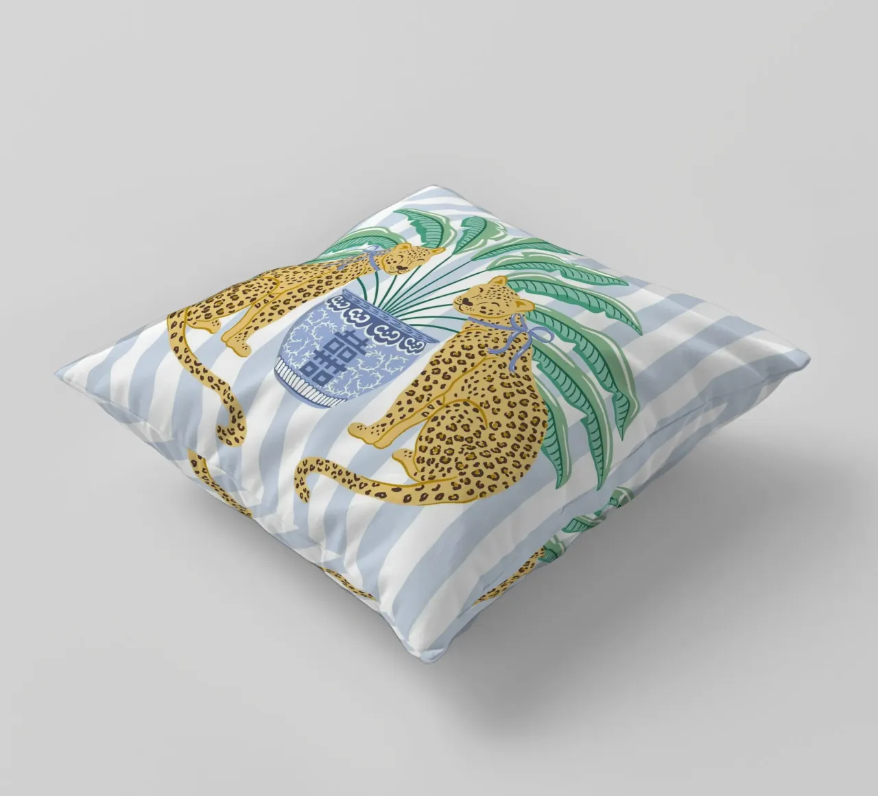 Leopards with ginger jar on a blue stripes cuscino da Vivdesign