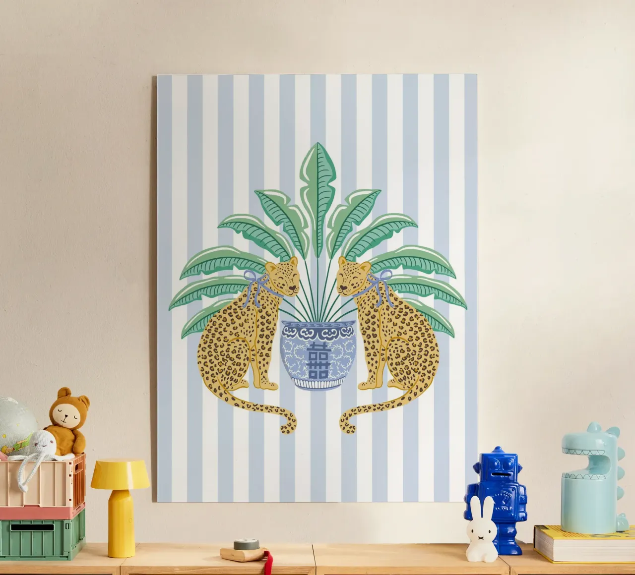 Leopards with ginger jar on a blue stripes plexiglass da Vivdesign