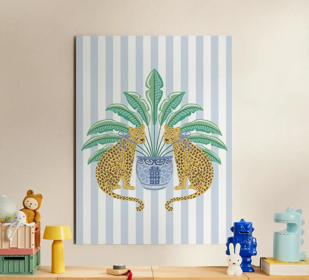 Leopards with ginger jar on a blue stripes alluminio dibond da Vivdesign