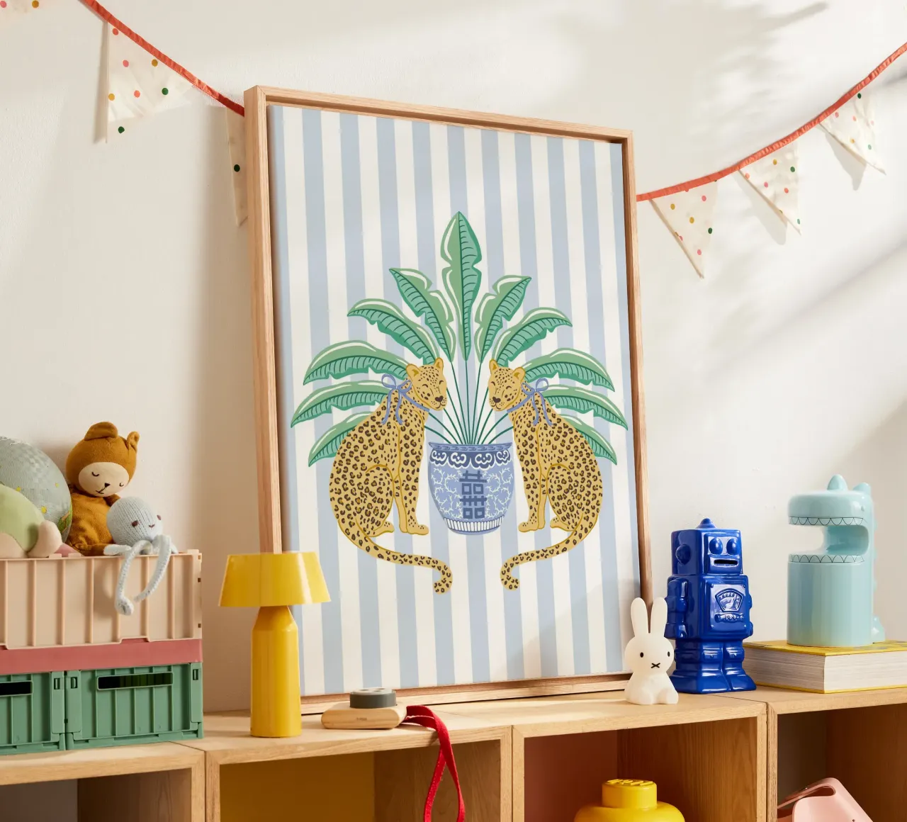 Leopards with ginger jar on a blue stripes tela con Cornice a cassetta da Vivdesign