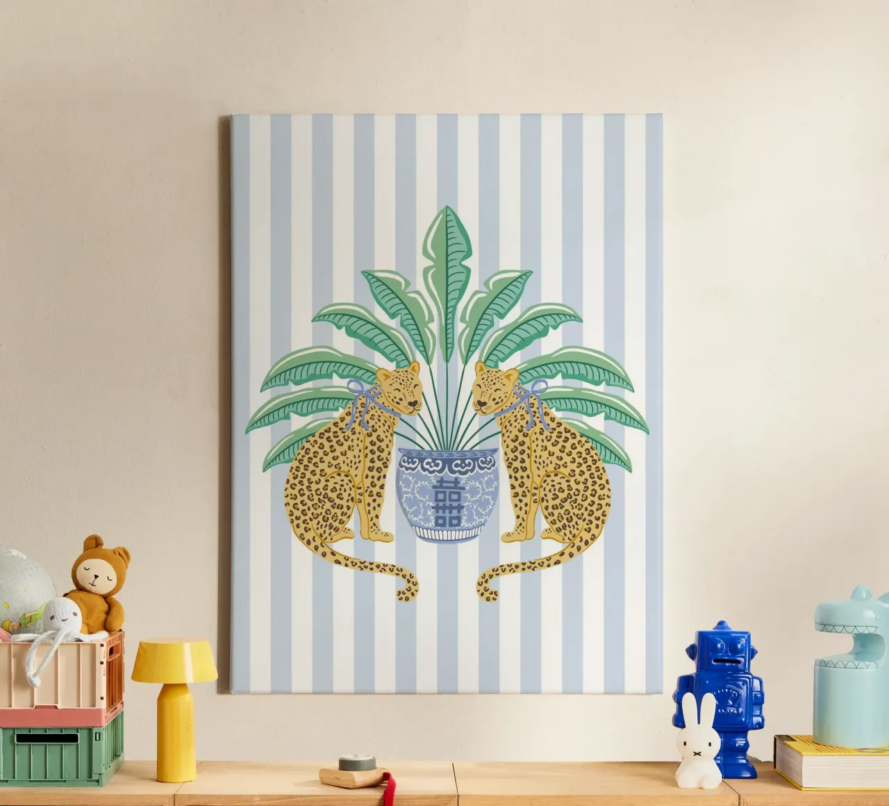 Leopards with ginger jar on a blue stripes tela con Cornice a cassetta da Vivdesign