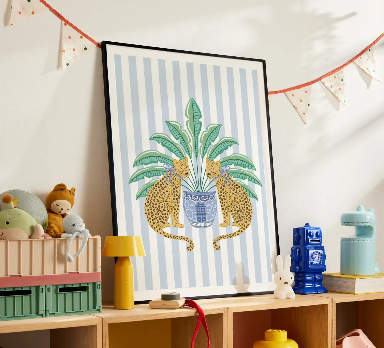 Leopards with ginger jar on a blue stripes carta hahnemühle da Vivdesign