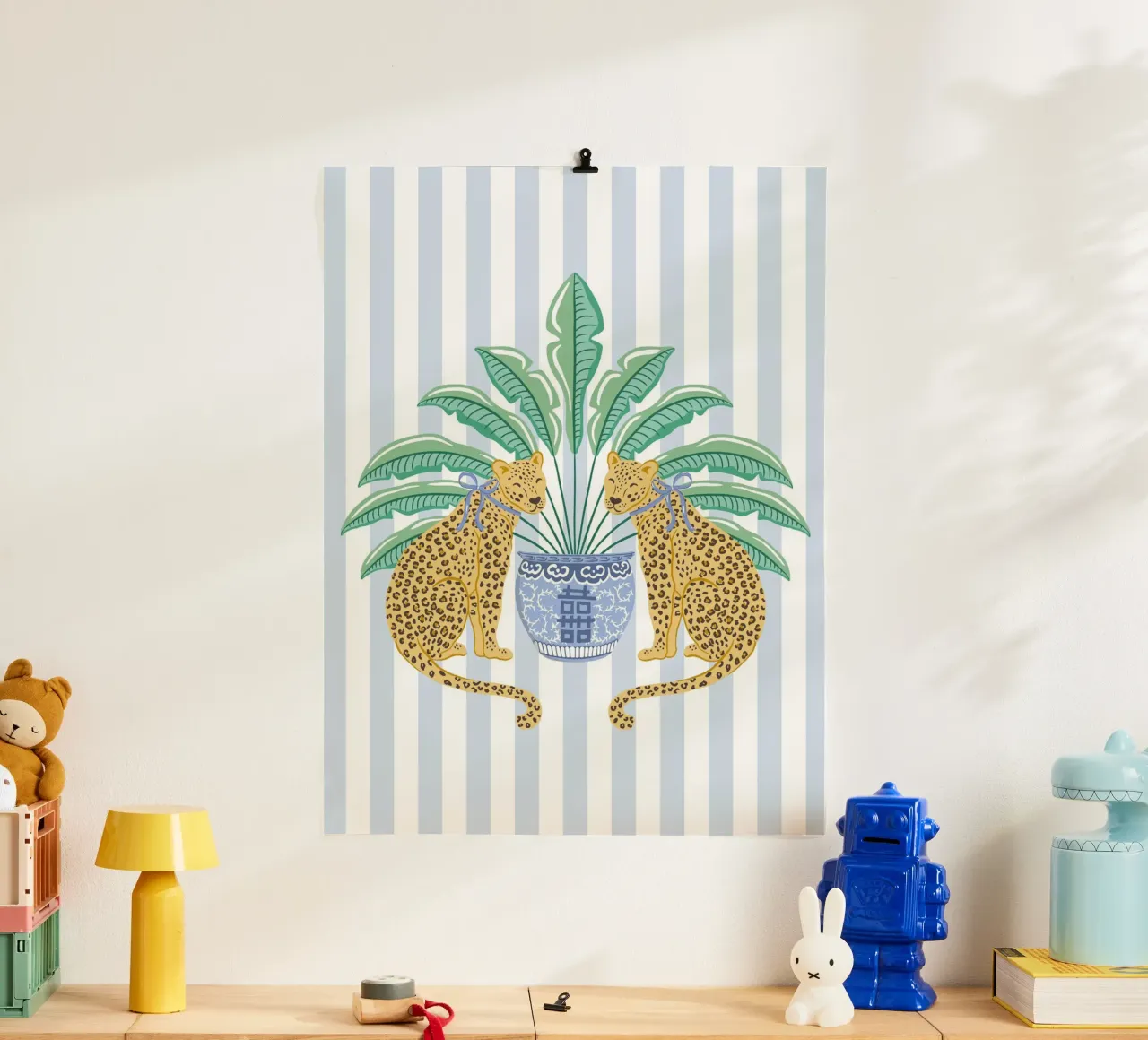 Leopards with ginger jar on a blue stripes carta hahnemühle da Vivdesign