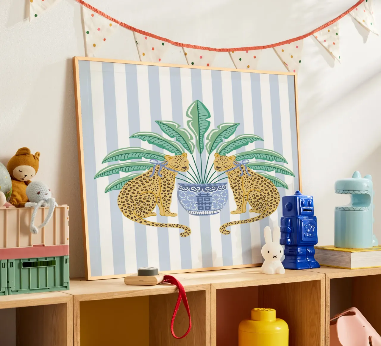 Leopards with ginger jar on a blue stripes carta hahnemühle da Vivdesign