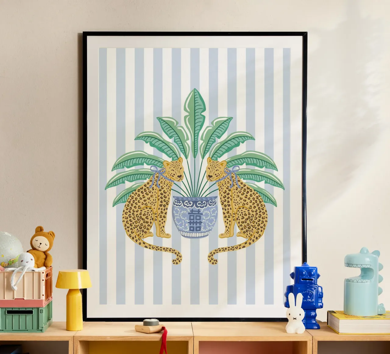 Leopards with ginger jar on a blue stripes carta hahnemühle da Vivdesign