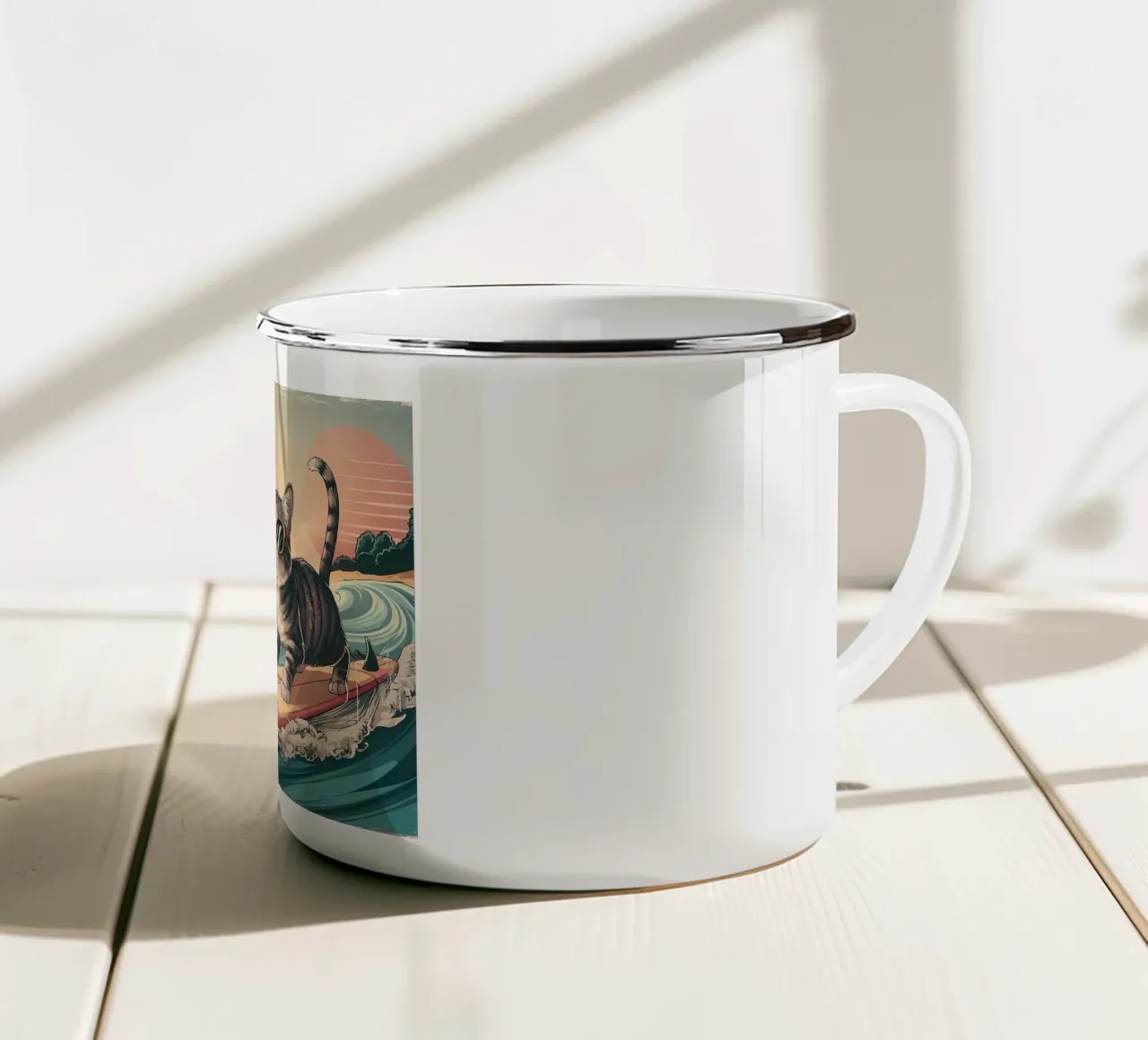 gatto che fa surf tazza in smalto da Abstract Botanical Art