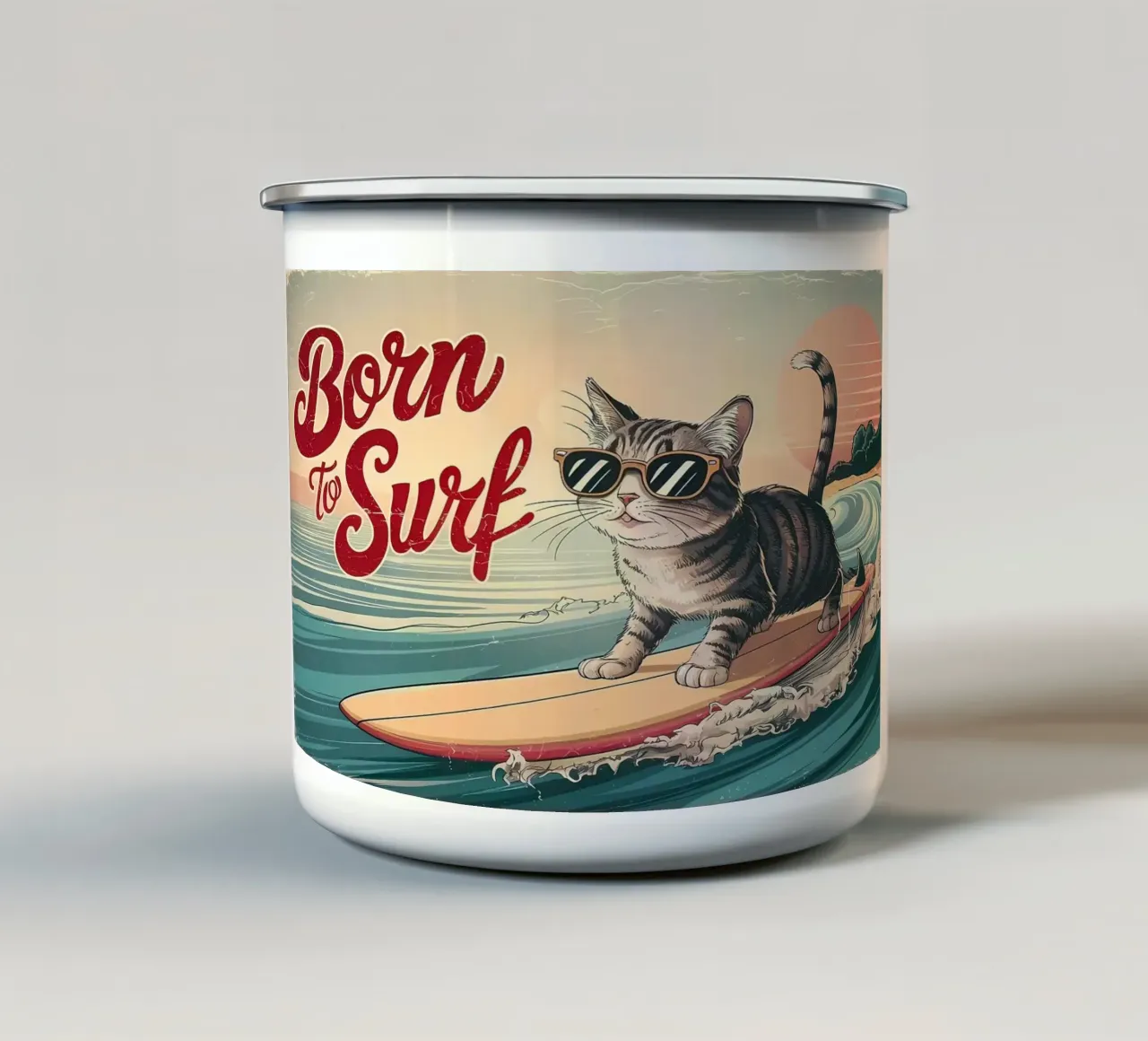 gatto che fa surf tazza in smalto da Abstract Botanical Art