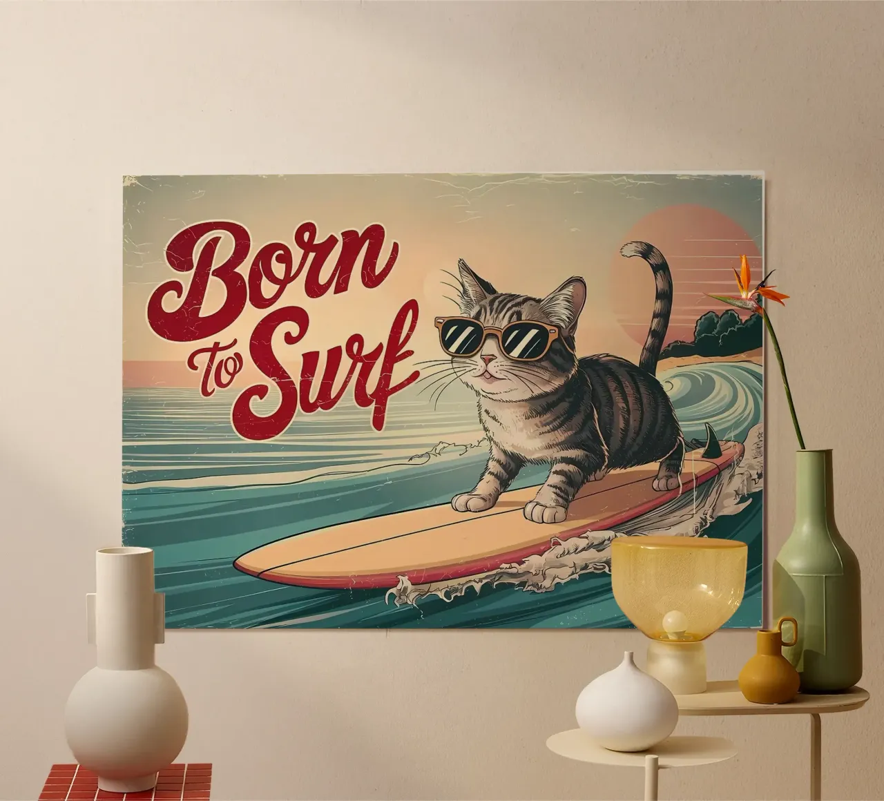 chat surfant poster avec cadre en bois de Abstract Botanical Art