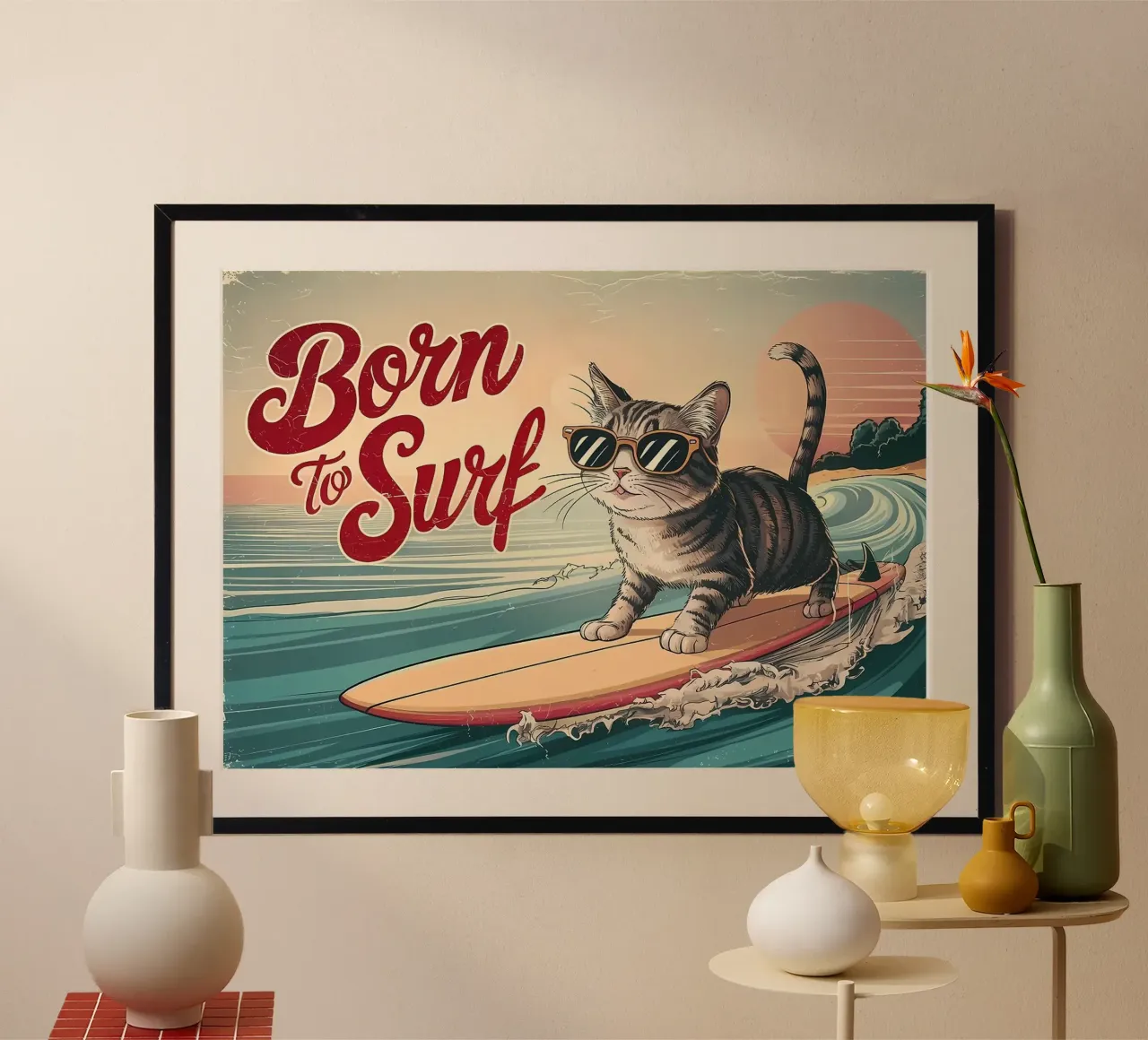 chat surfant poster avec cadre en bois de Abstract Botanical Art