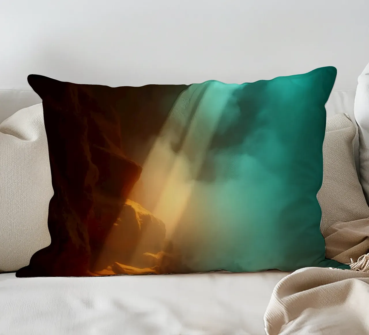 Una misteriosa grotta illuminata da fasci di luce colorati cuscino da DesignDoodle