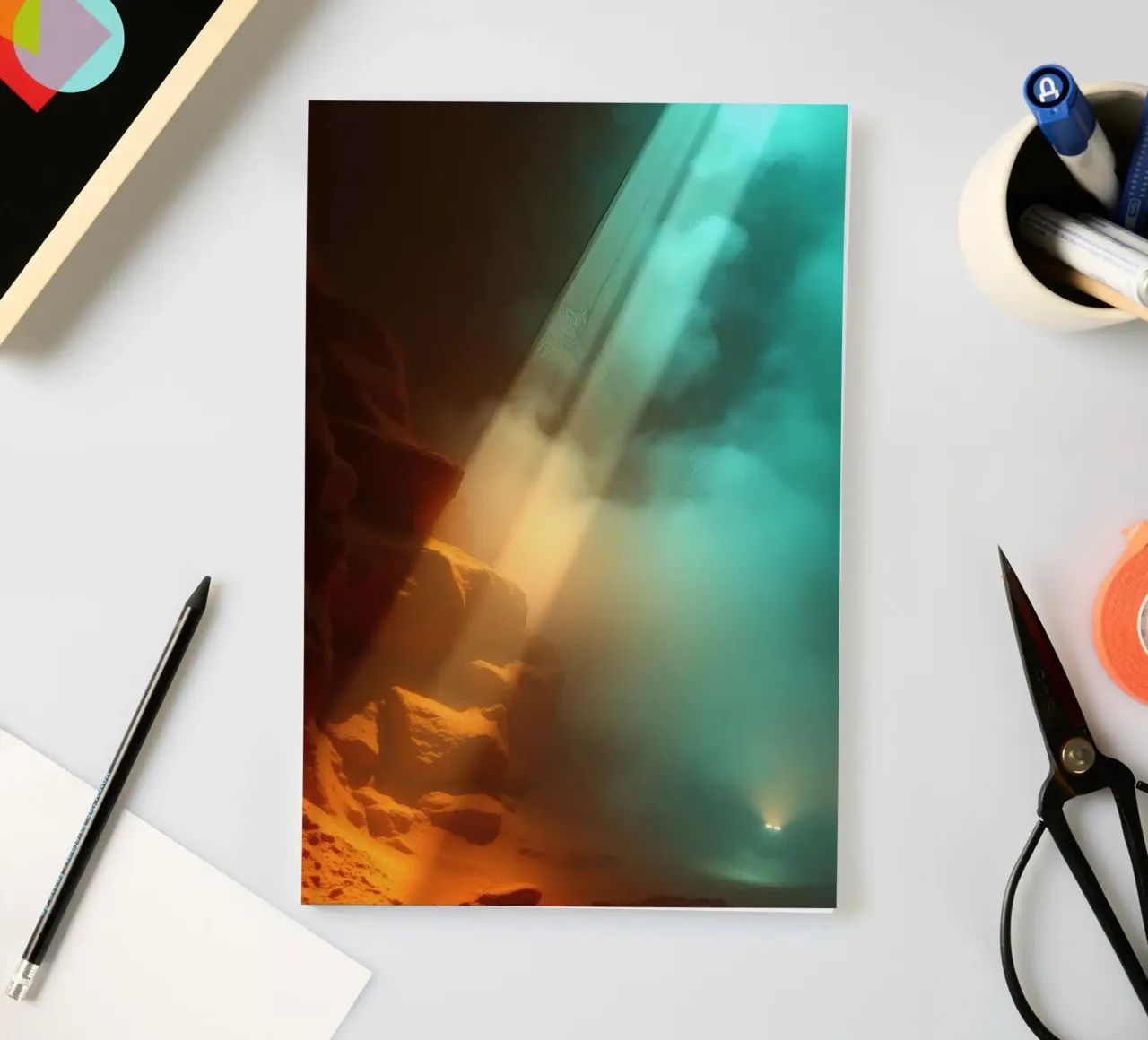 Una misteriosa grotta illuminata da fasci di luce colorati diario da DesignDoodle