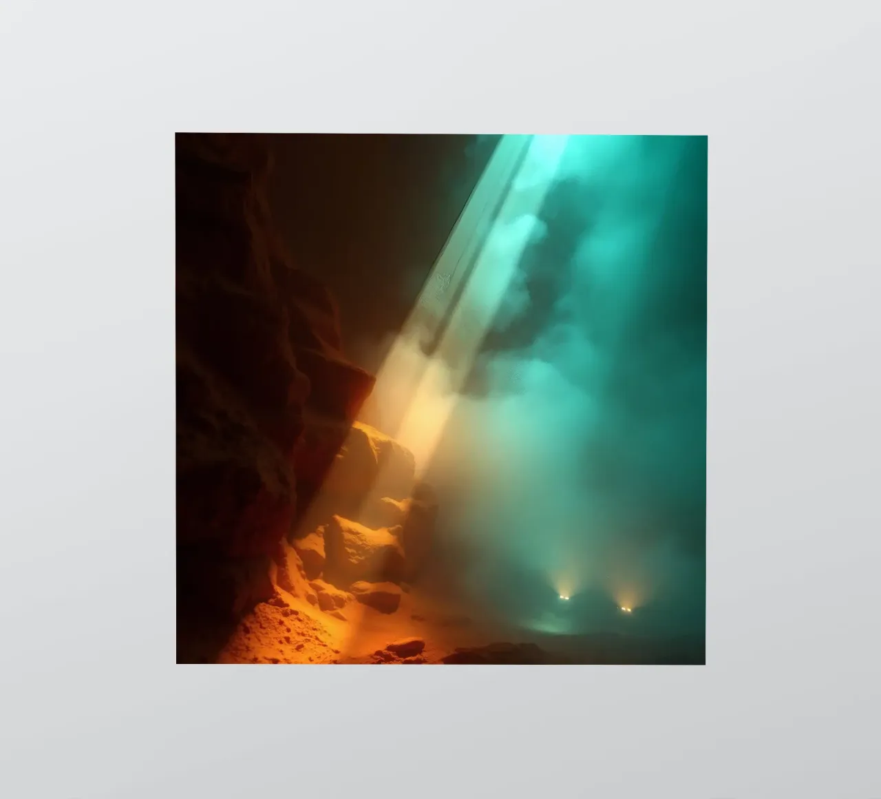 Mysterious cave illuminated by colorful light beams sticker by DesignDoodle