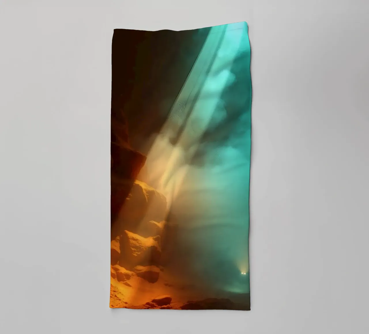 Mysterious cave illuminated by colorful light beams towel by DesignDoodle