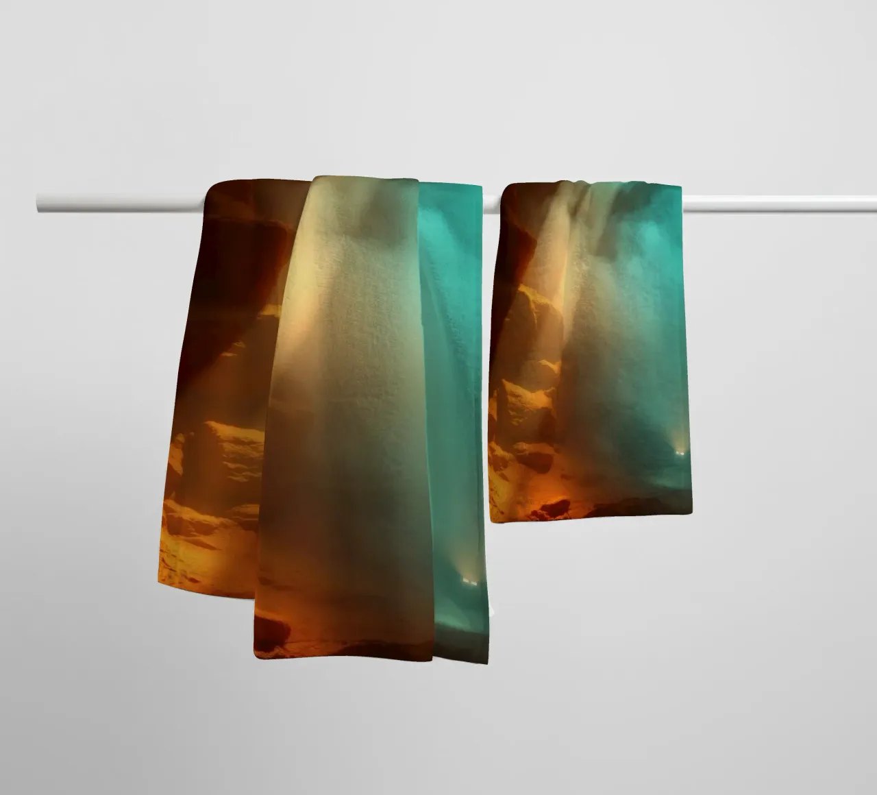 Mysterious cave illuminated by colorful light beams towel by DesignDoodle