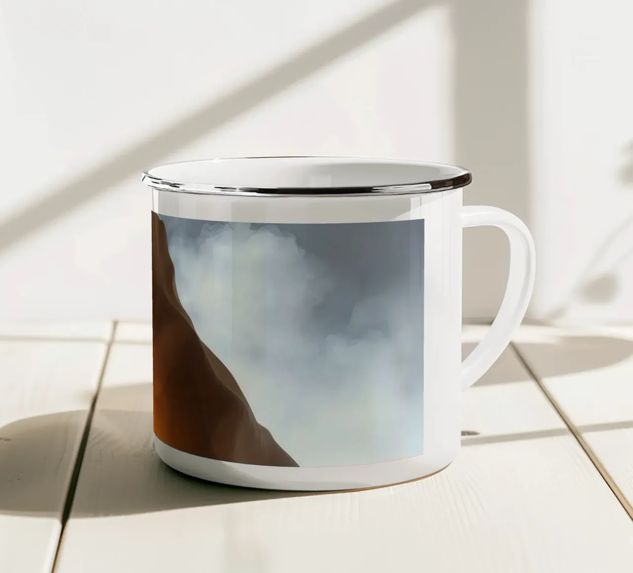 La scultura artistica emette un caldo bagliore tra nebbia e luce tazza in smalto da DesignDoodle