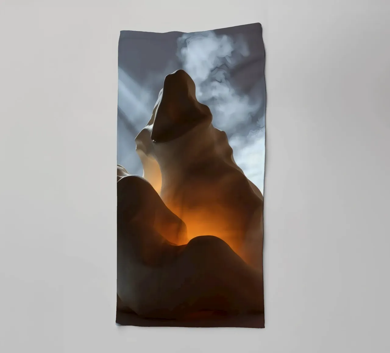 Artistic sculpture emits warm glow amidst mist and light towel by DesignDoodle