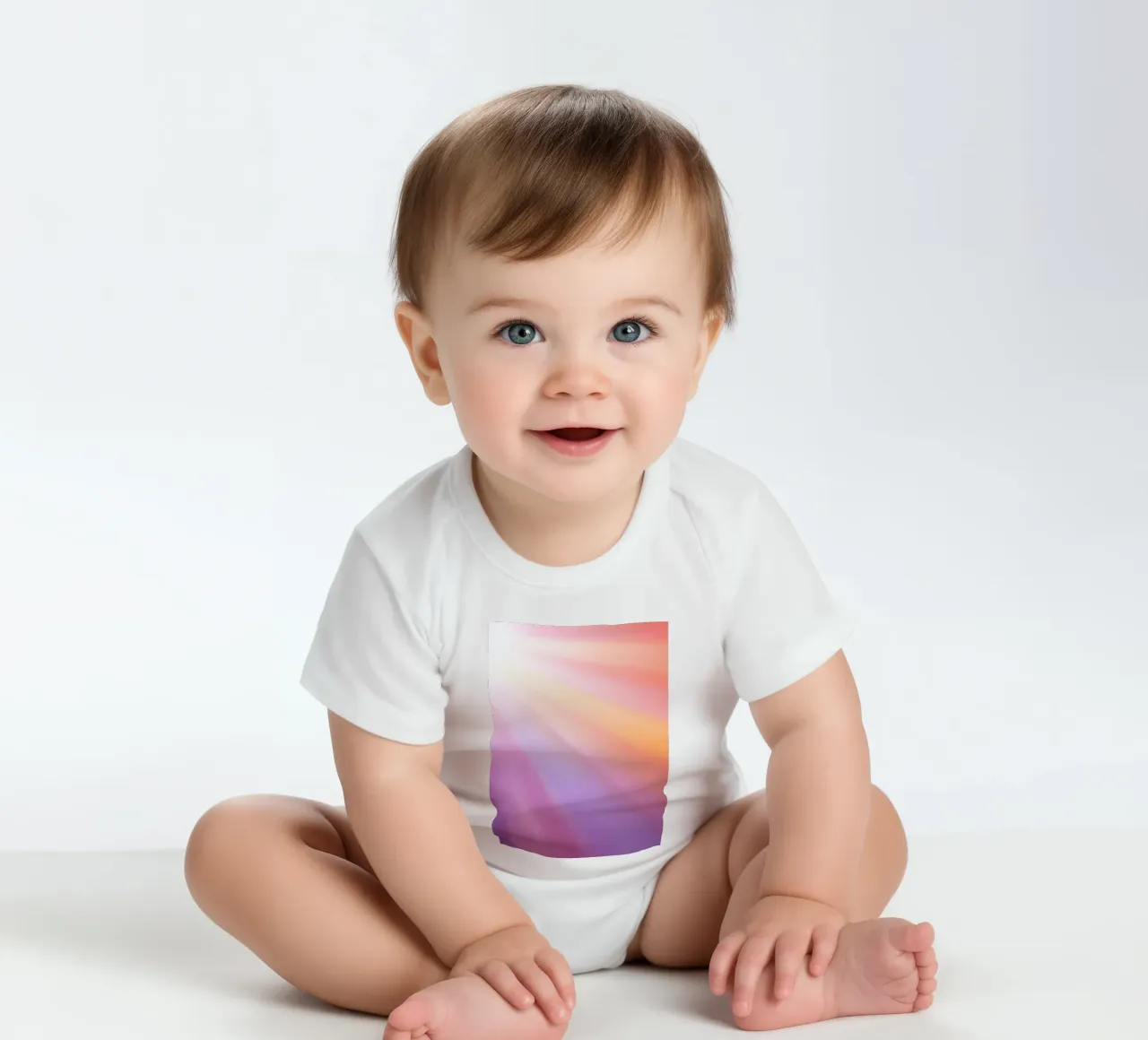Bright rays of sunlight create a colorful gradient short-sleeve baby romper by DesignDoodle