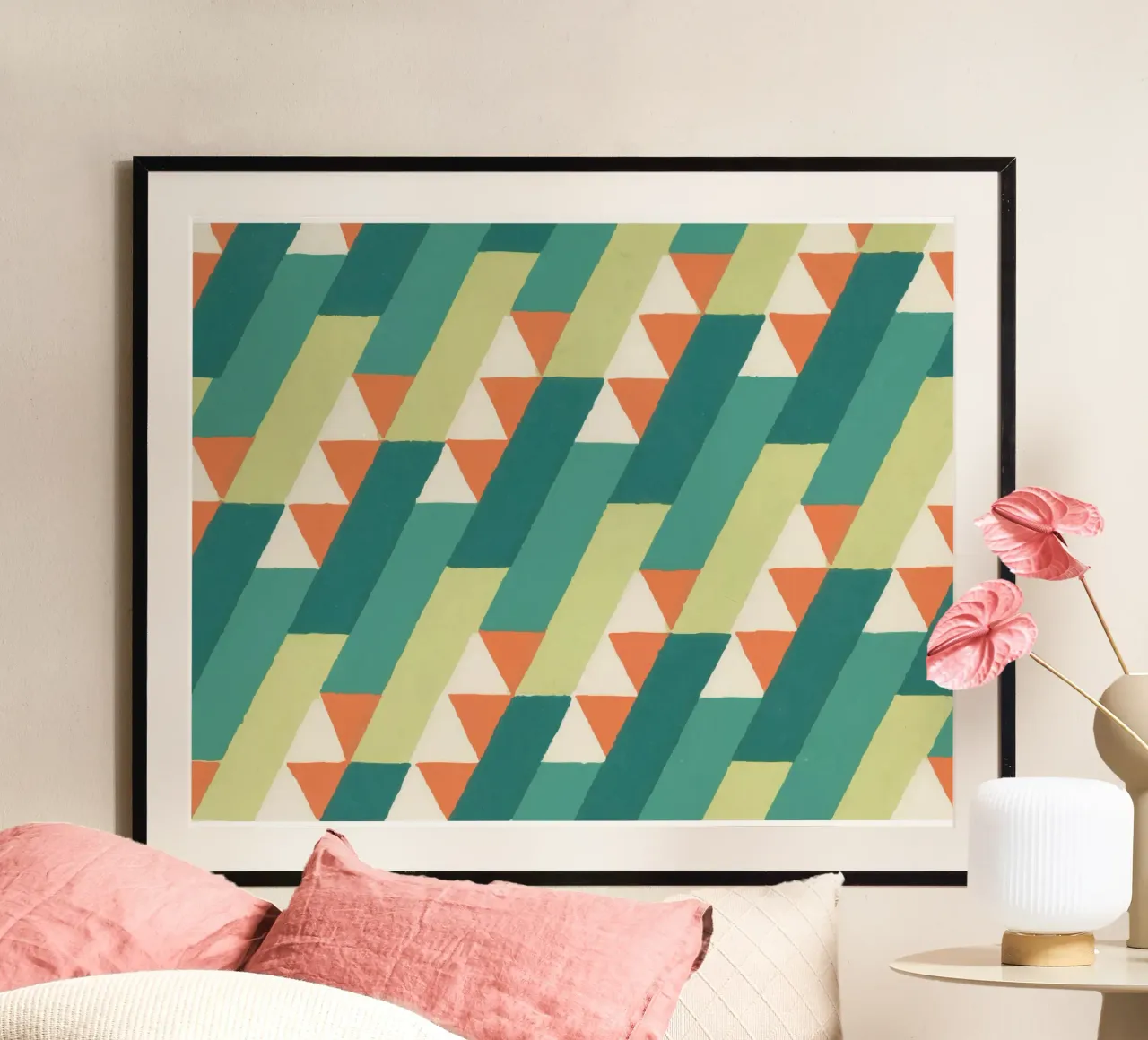 Motif géométrique en diagonale – Style rétro vibrant poster con telaio in legno da luciette plastique