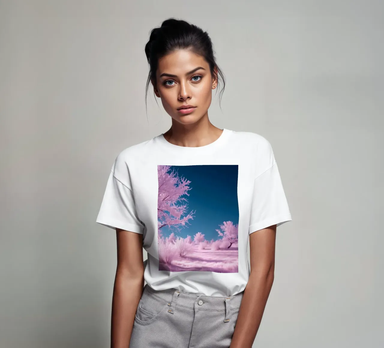 paesaggio invernale con alberi rosa e cielo azzurro t-shirt da DesignDoodle