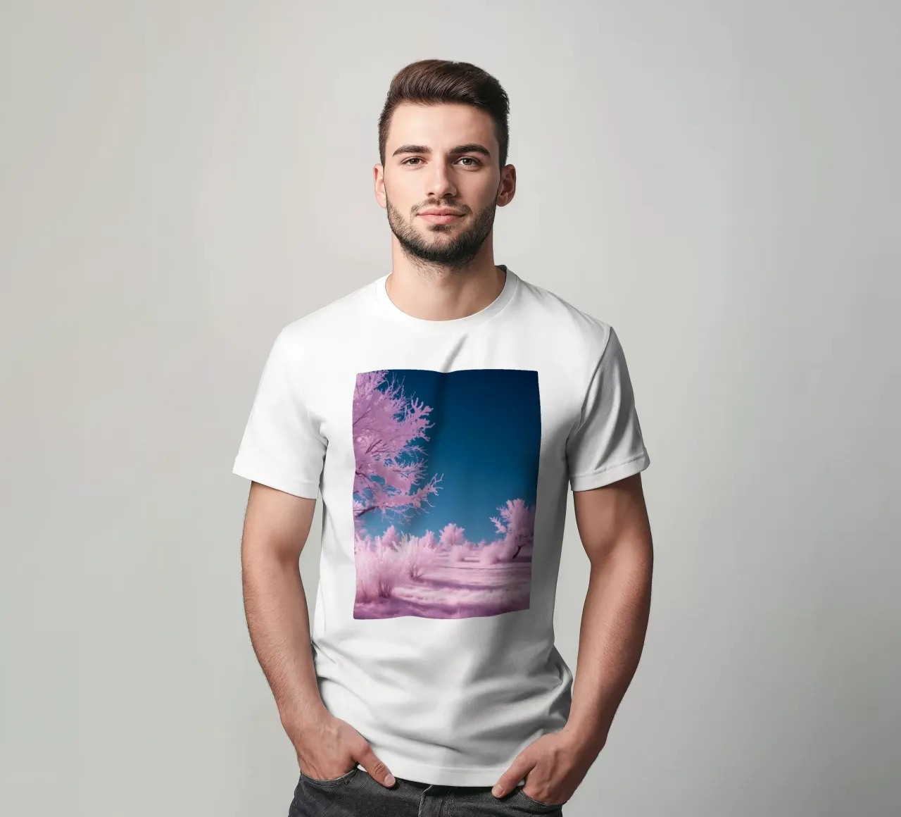 paesaggio invernale con alberi rosa e cielo azzurro t-shirt da DesignDoodle