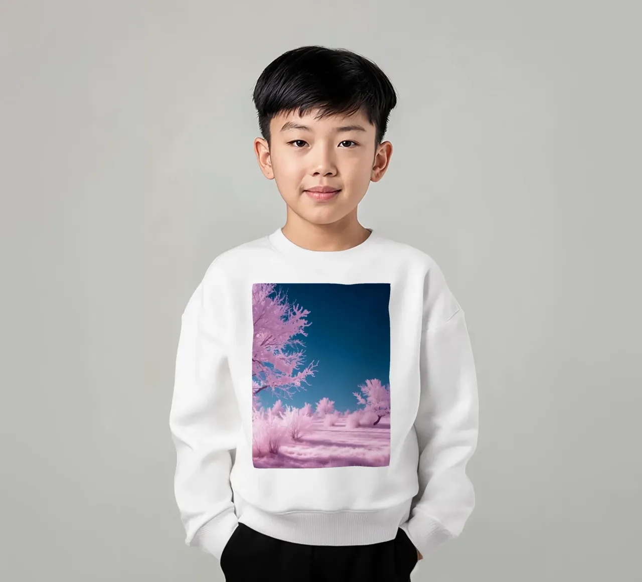 paesaggio invernale con alberi rosa e cielo azzurro felpa bambino da DesignDoodle