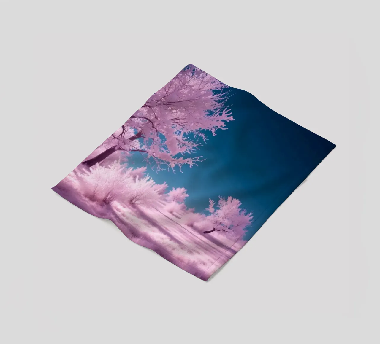 winter landscape with pink trees and clear blue sky fleece blanket by DesignDoodle