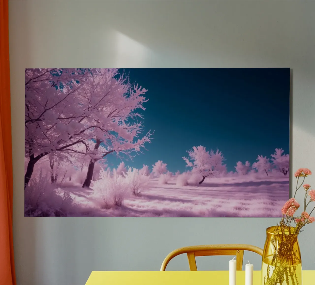 paesaggio invernale con alberi rosa e cielo azzurro alluminio dibond da DesignDoodle