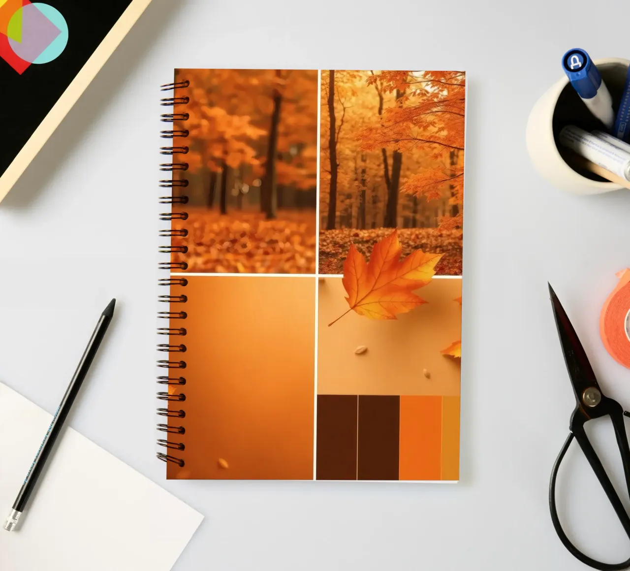 autumn foliage and falling leaves in a serene forest spiral notebook by DesignDoodle