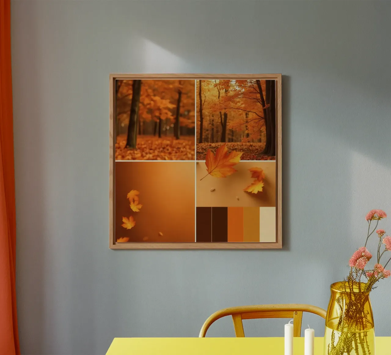 fogliame autunnale e foglie che cadono in una foresta serena alluminio dibond da DesignDoodle