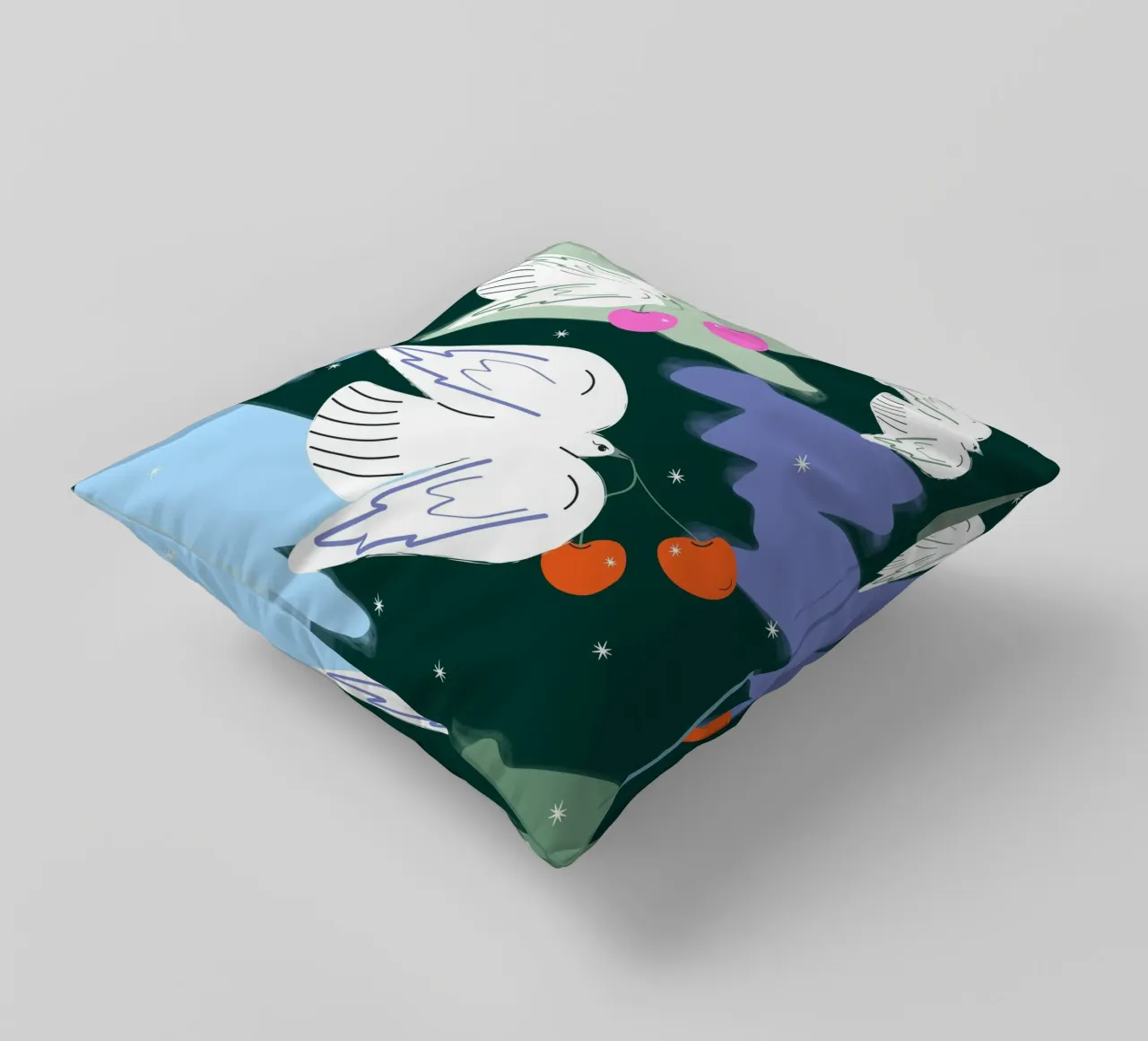 Uccelli bianchi e cielo colorato cuscino da Silvie Illustration