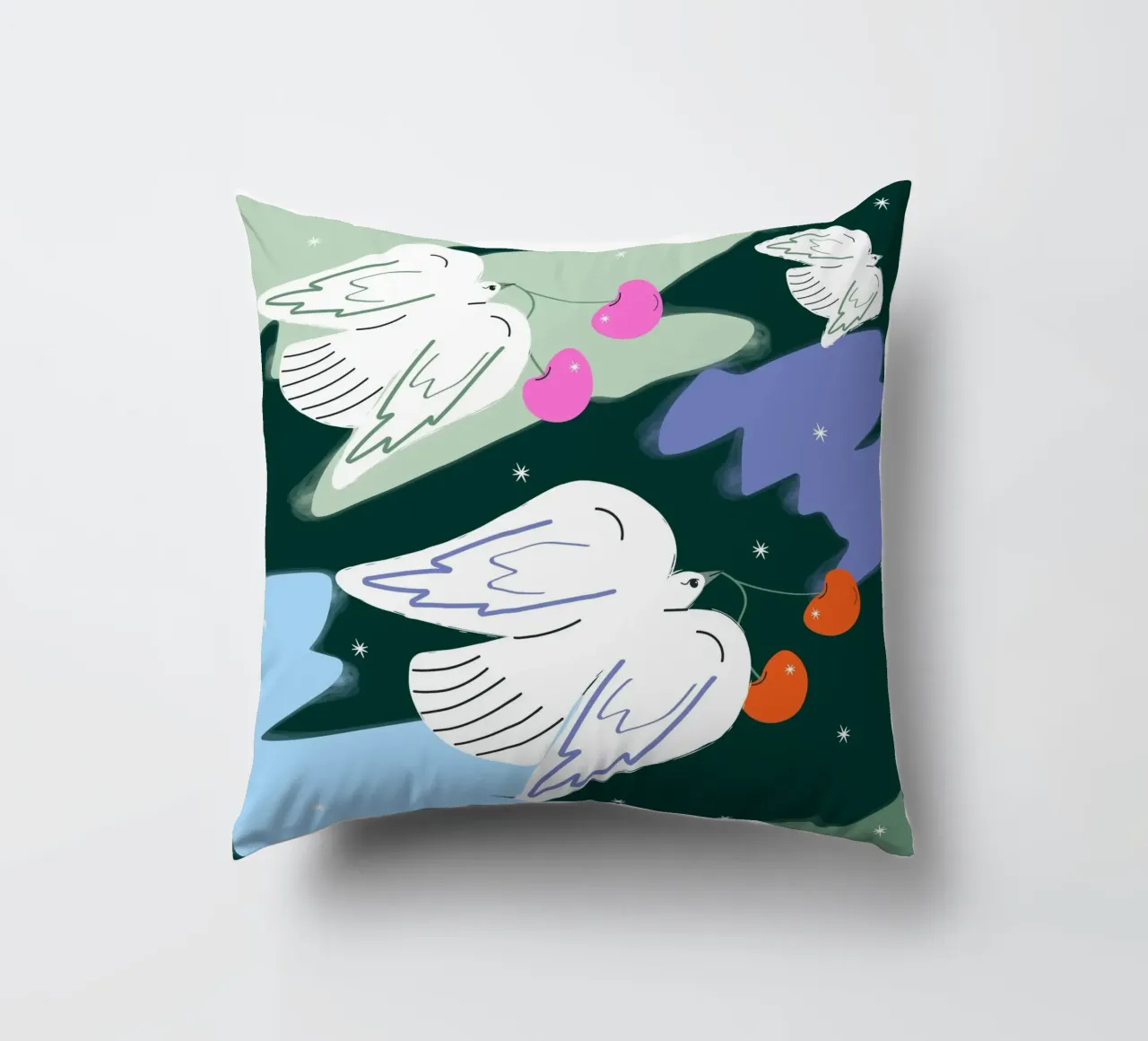 Uccelli bianchi e cielo colorato cuscino da Silvie Illustration