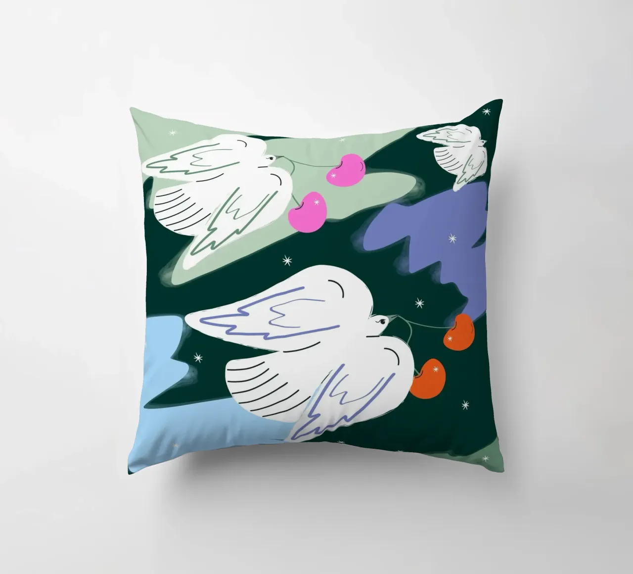 Uccelli bianchi e cielo colorato cuscino da Silvie Illustration