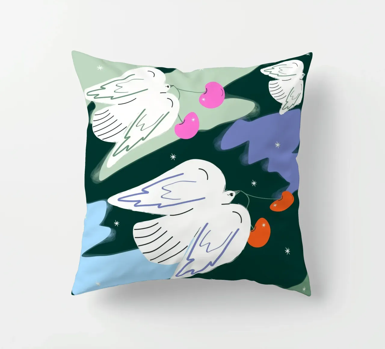 Uccelli bianchi e cielo colorato cuscino da Silvie Illustration
