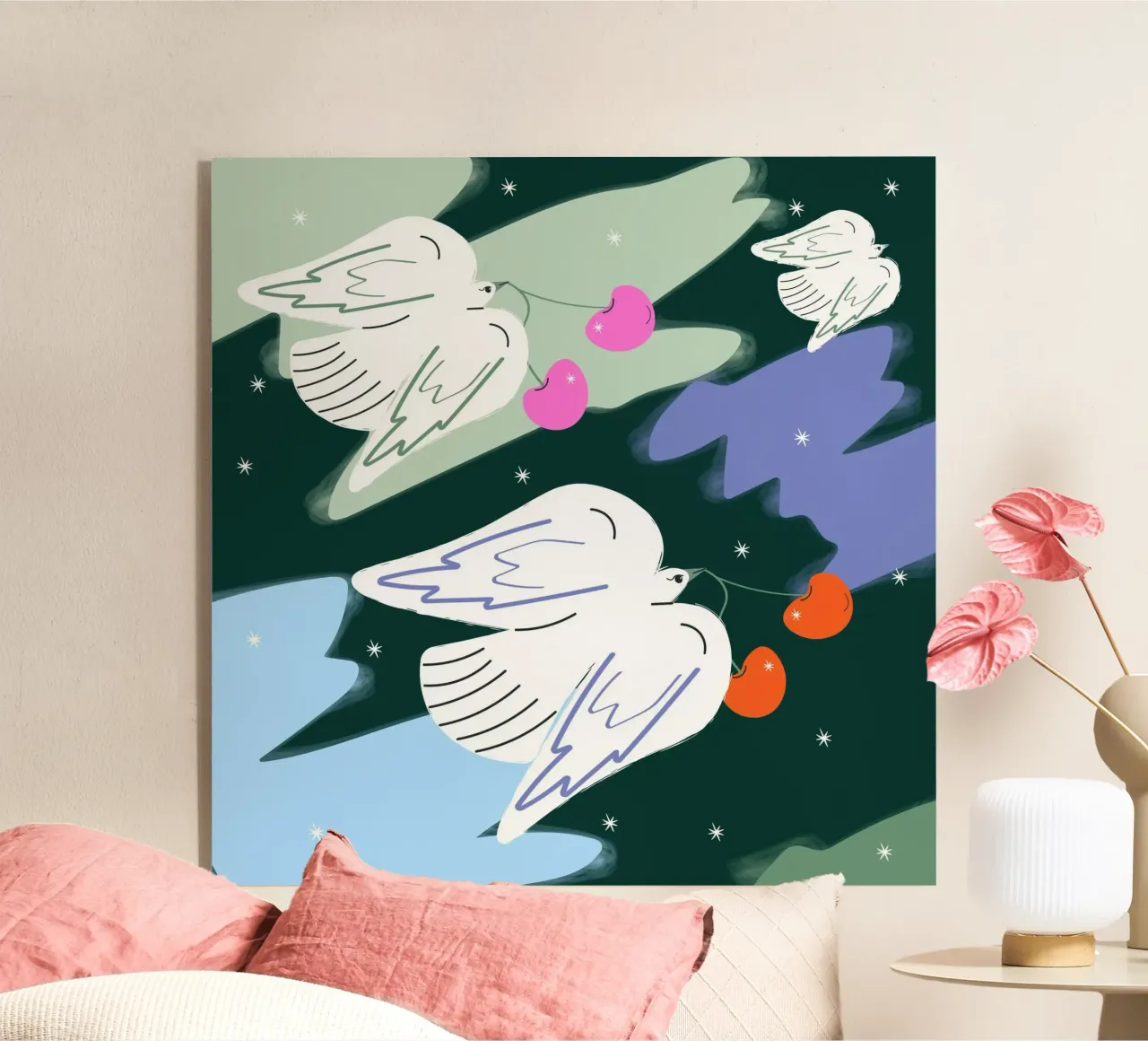 Uccelli bianchi e cielo colorato plexiglass da Silvie Illustration