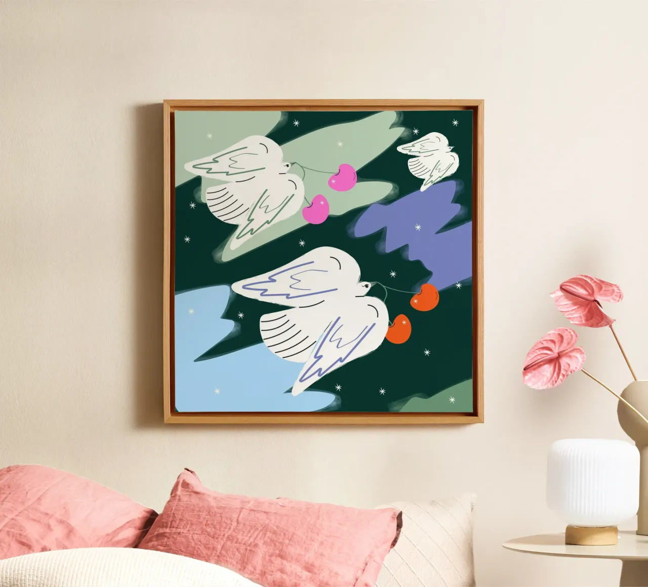 Witte vogels en kleurrijke lucht canvas met Baklijst van Silvie Illustration