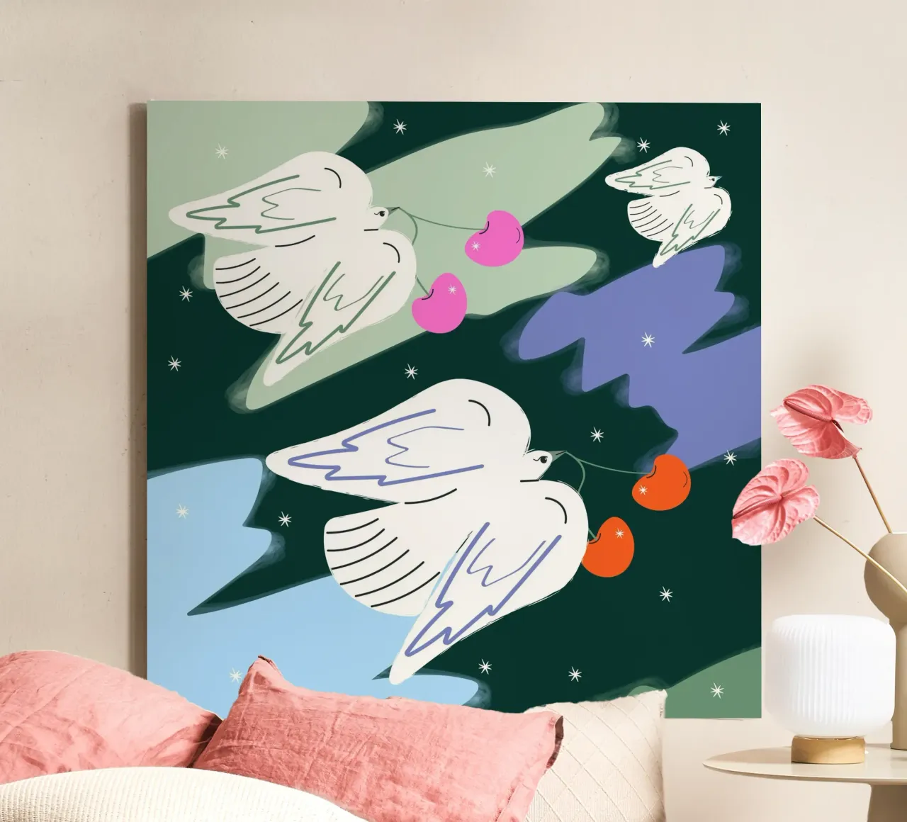 Witte vogels en kleurrijke lucht canvas met Baklijst van Silvie Illustration