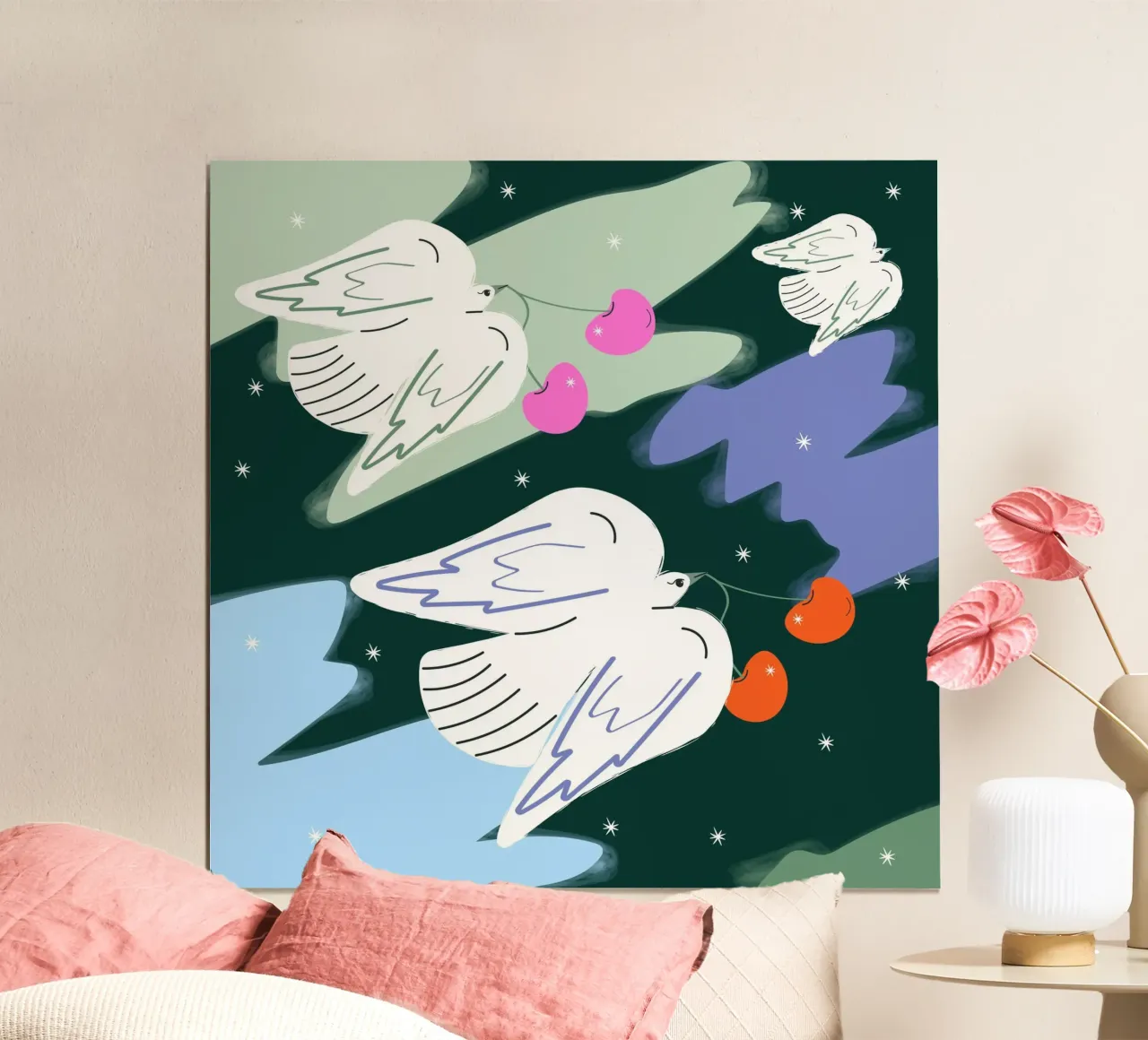 Uccelli bianchi e cielo colorato carta hahnemühle da Silvie Illustration