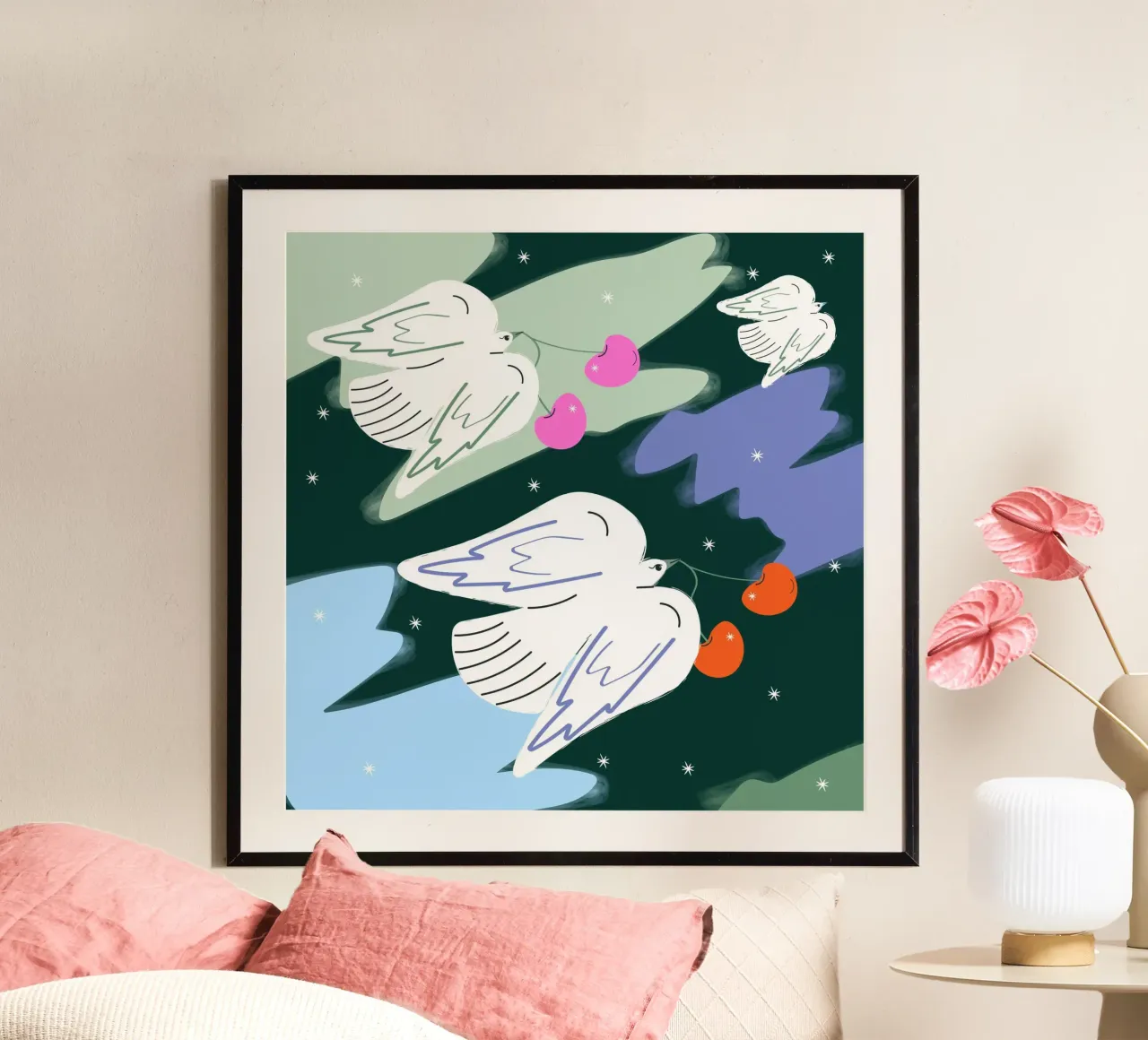 Uccelli bianchi e cielo colorato carta hahnemühle da Silvie Illustration