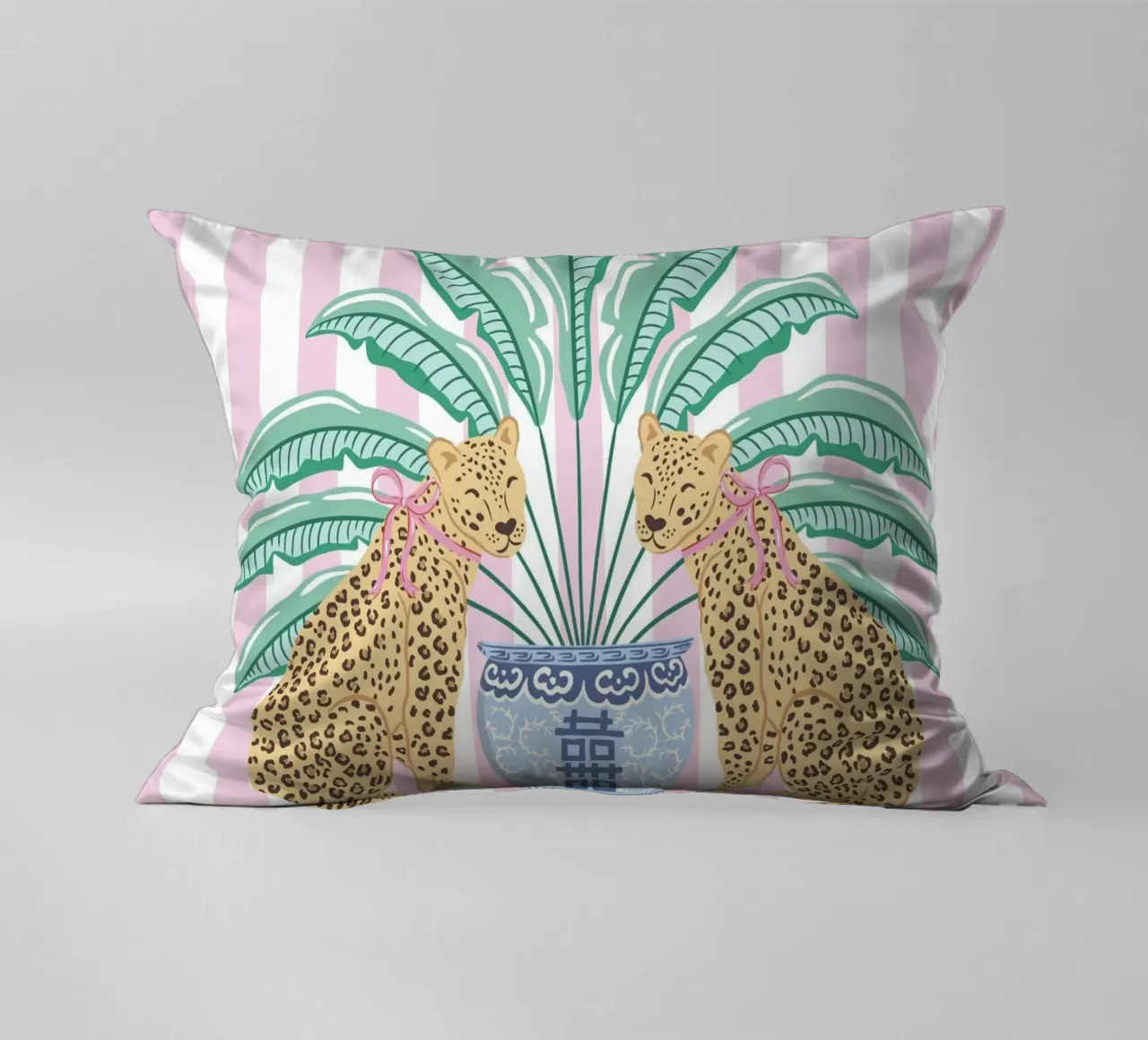 Leopards with ginger jar on pink stripes cuscino da Vivdesign