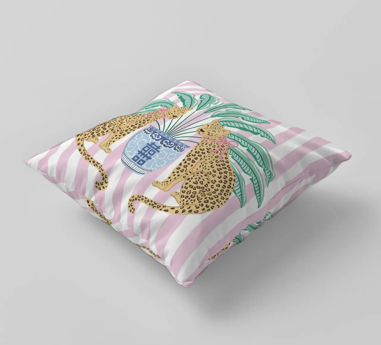 Leopards with ginger jar on pink stripes cuscino da Vivdesign