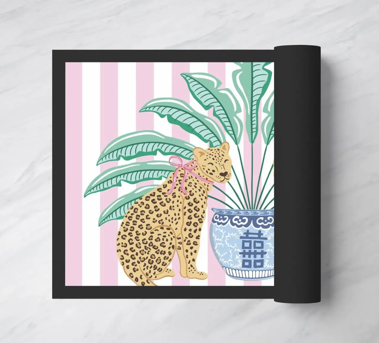 Leopards with ginger jar on pink stripes zerbino da Vivdesign