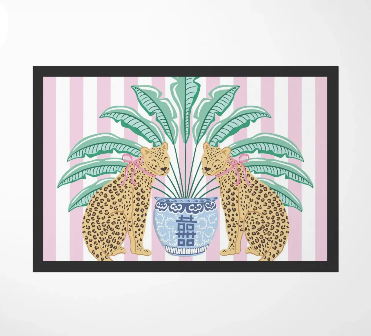 Leopards with ginger jar on pink stripes zerbino da Vivdesign