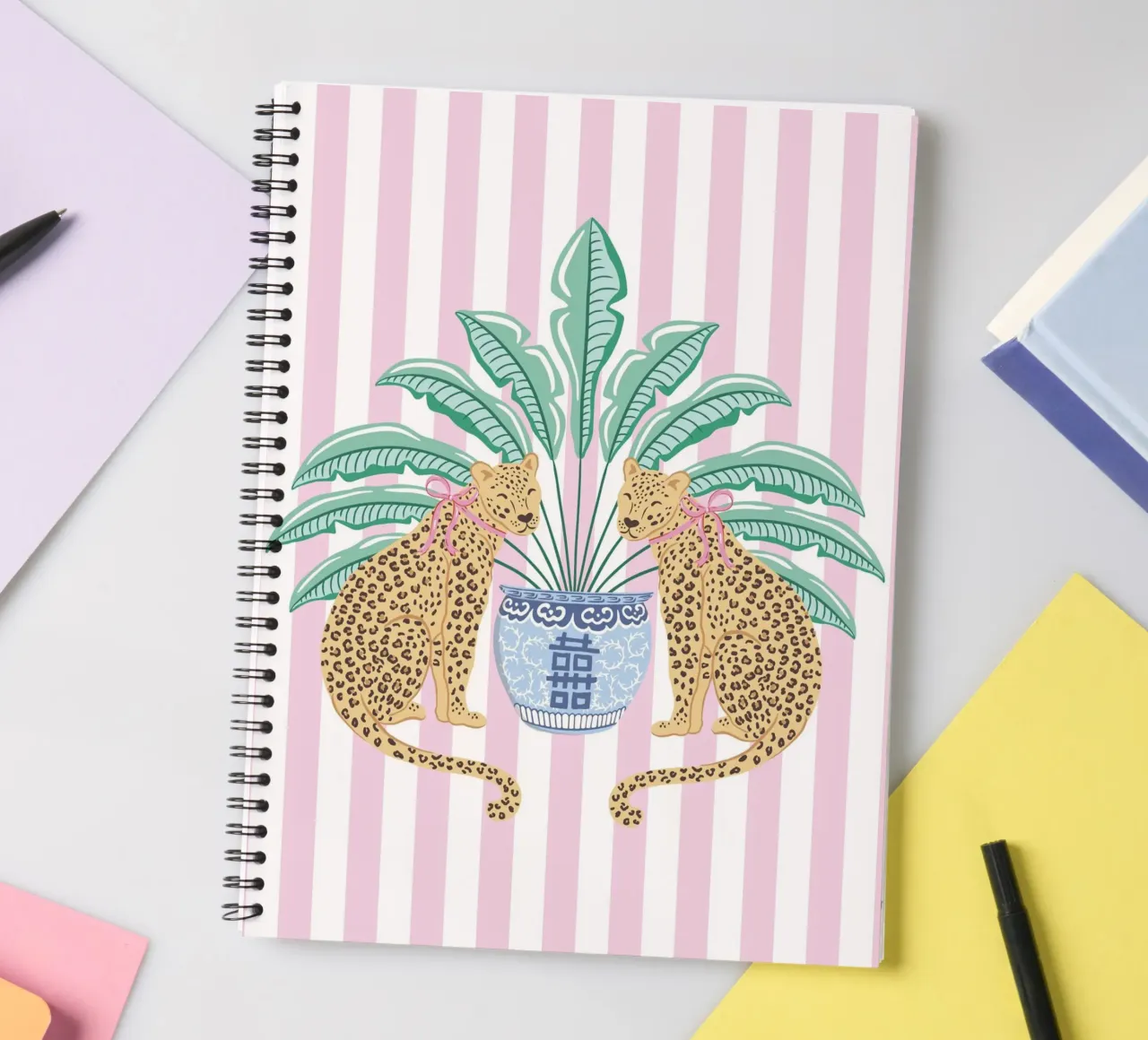 Leopards with ginger jar on pink stripes spiral notebook by Vivdesign