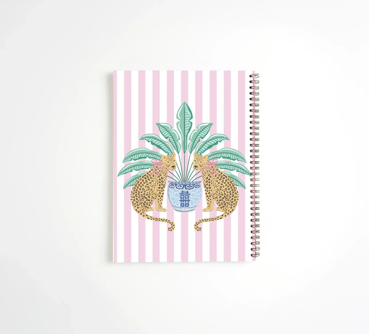 Leopards with ginger jar on pink stripes spiral notebook by Vivdesign