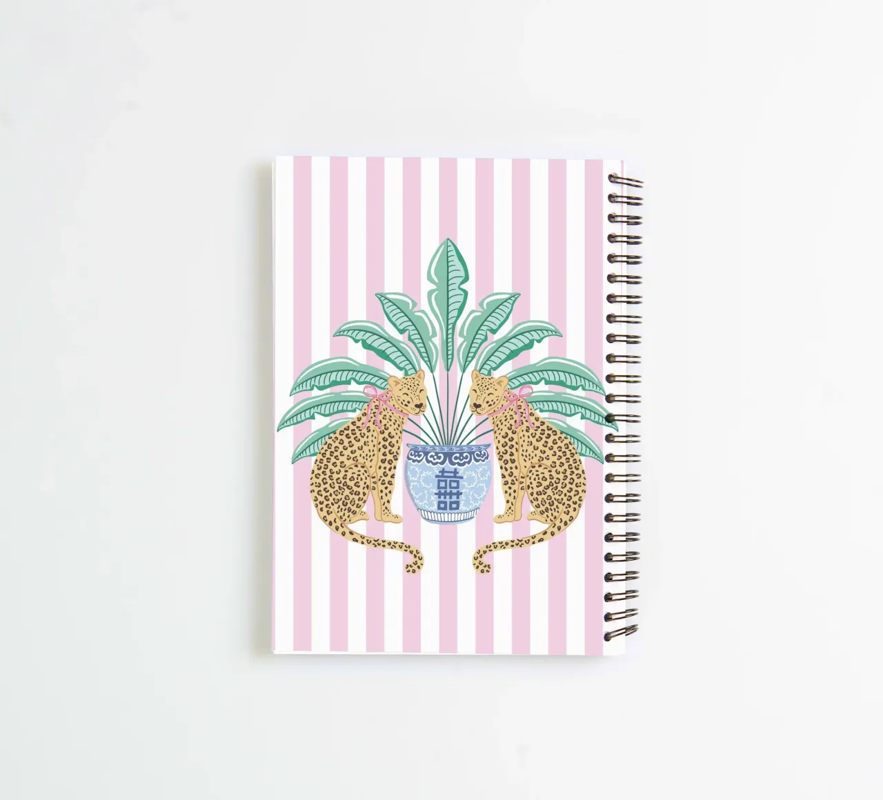 Leopards with ginger jar on pink stripes spiral notebook by Vivdesign