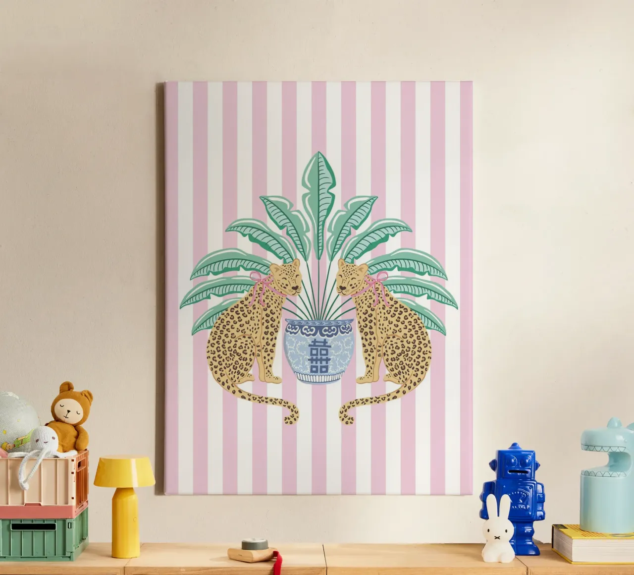 Leopards with ginger jar on pink stripes canvas van Vivdesign