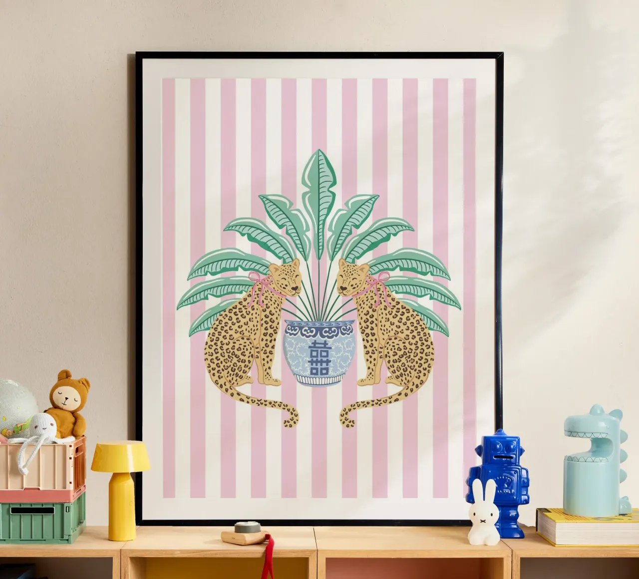 Leopards with ginger jar on pink stripes carta hahnemühle da Vivdesign